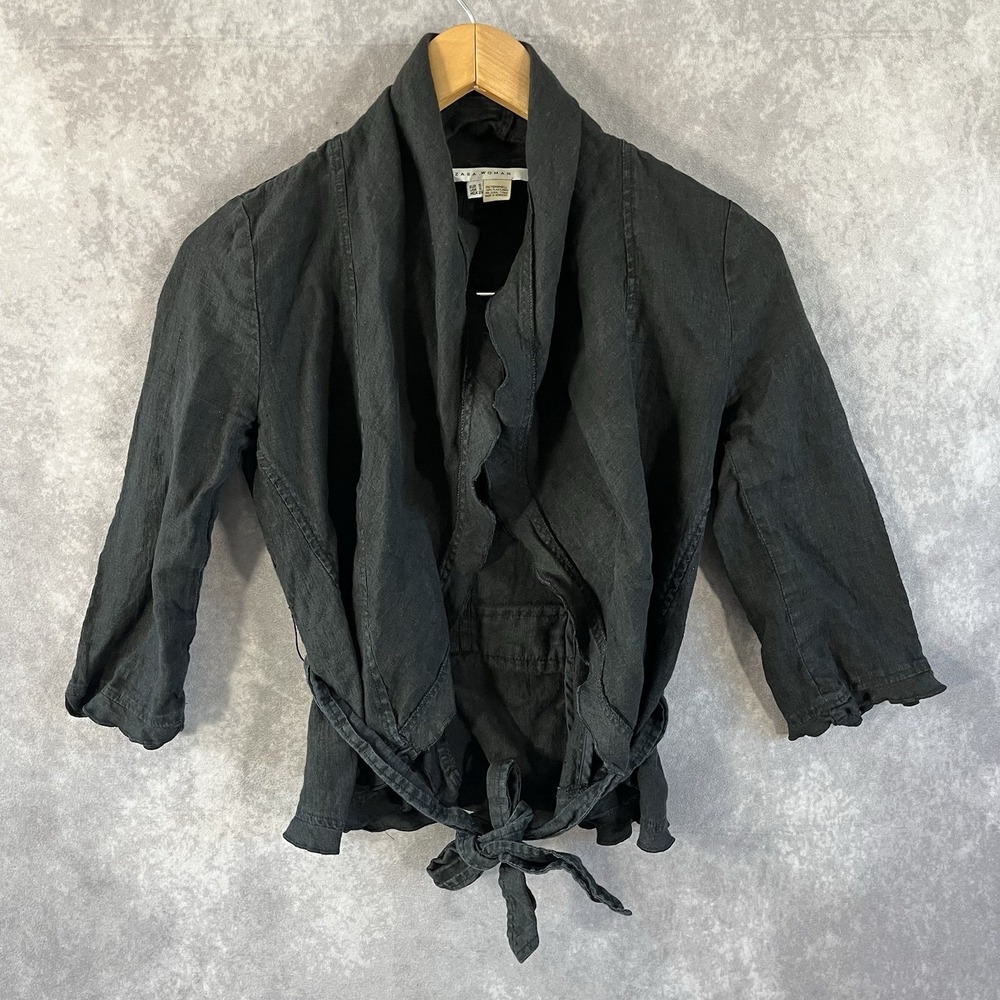 Zara Woman Linen Wrap Jacket Women Size S Black Shawl Collar Tie Waist Cropped